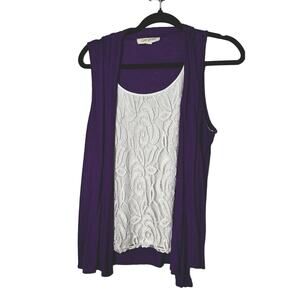 Late August Women’s Purple White Lace Top Open Short Sleeve Size Medium # 815